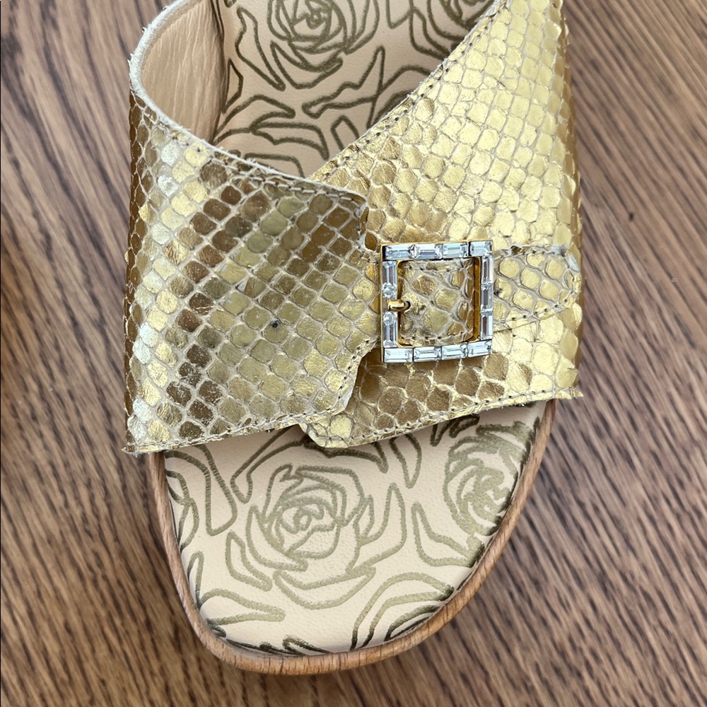 Taryn Rose Metallic Gold Snake Wood Clog Slide Sandals